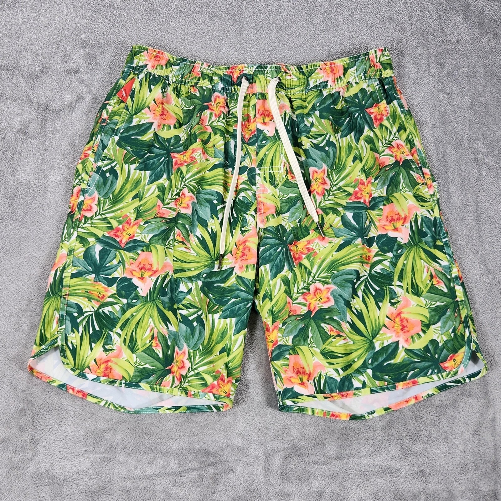 Fair Harbor Swim Shorts Mens Medium Green Floral Lined Drawstring Pockets